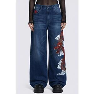 Dark Blue Dragon Embroidered Wide Leg Jeans